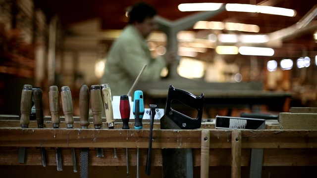 Video Reference N21: man, work, worker, wood, hand, factory, workshop, instruments, Person