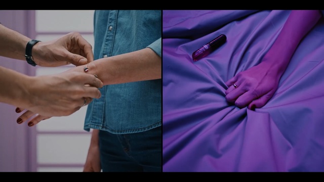 Video Reference N3: Purple, Violet, Hand, Outerwear, Textile, Magenta, Jeans, Finger, Waist, Shirt