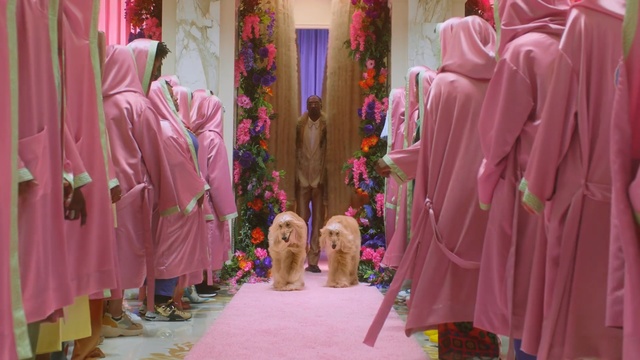 Video Reference N2: Pink, Magenta, Robe, Room, Outerwear, Peach, Textile, Boutique, Temple, Interior design, Person