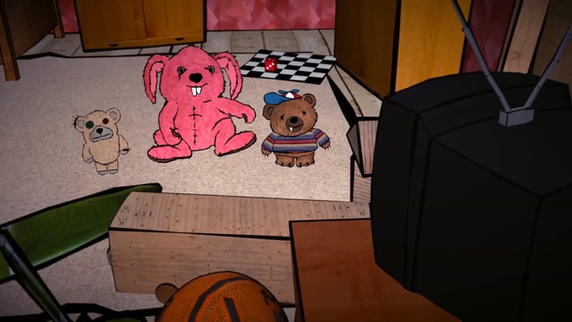 Video Reference N17: Cartoon, Table, Room, Illustration, Animated cartoon, Animation, Furniture, Games, Teddy bear, Canidae