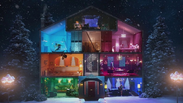 Video Reference N1: Light, House, Lighting, Architecture, Winter, Building, Night, Snow, Theatrical scenery, Home, Person