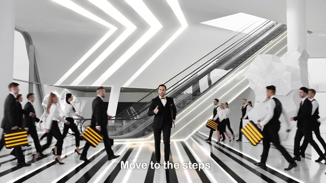 Video Reference N6: Escalator, Line, Infrastructure, Architecture, Black-and-white, City, Road, White-collar worker, Style, Crowd