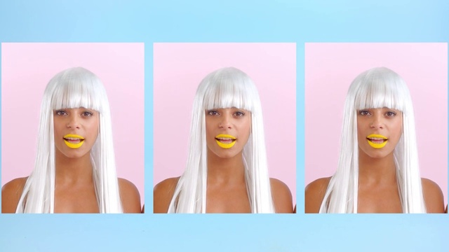 Video Reference N4: Hair, Face, Wig, Skin, Hairstyle, Blond, Chin, Pink, Head, Costume