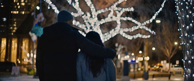 Video Reference N2: Photograph, Tree, Lighting, Winter, Snapshot, Branch, Night, Human, Christmas lights, Plant, Person