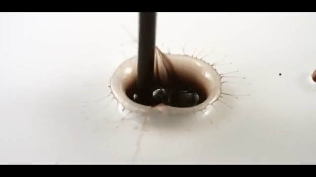 Video Reference N1: Chocolate, Chocolate syrup, Liquid, Dessert, Food, Sitting, Table, White, Cake, Plate, Coffee