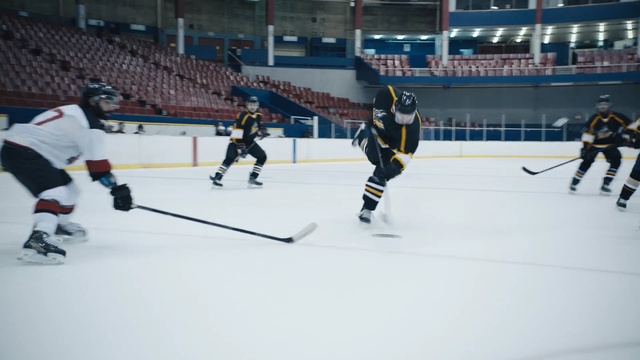 Video Reference N1: hockey, sport venue, ice hockey, bandy, player, ice rink, team sport, college ice hockey, ice hockey position, defenseman, Person