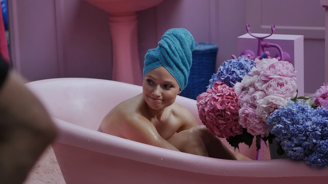 Video Reference N2: Bathing, Bathtub, Pink, Child, Headgear, Room, Baby, Person