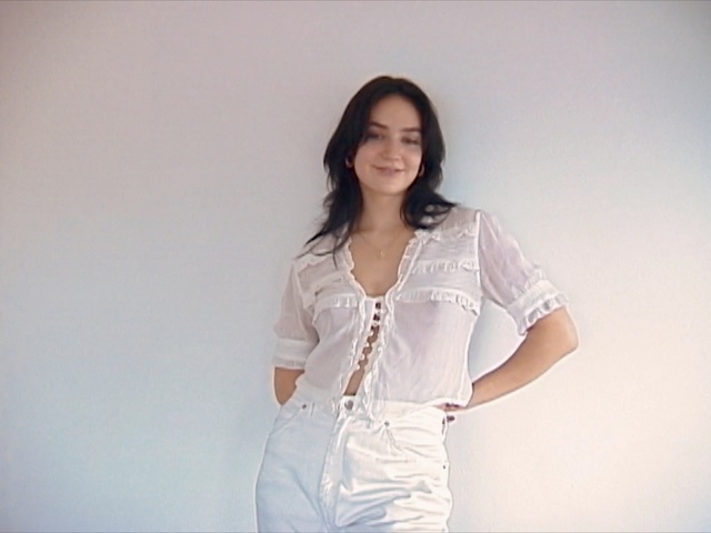Video Reference N9: White, Clothing, Beauty, Shoulder, Fashion, Pink, Waist, Outerwear, Jeans, Photography, Person