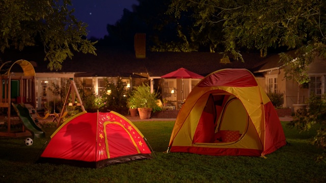 Video Reference N1: camping, tent, light, night, lighting, evening, backyard, recreation, grass