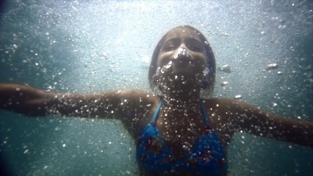 Video Reference N0: water, blue, underwater, fun, organism, sunlight, girl, reflection, rain, marine biology