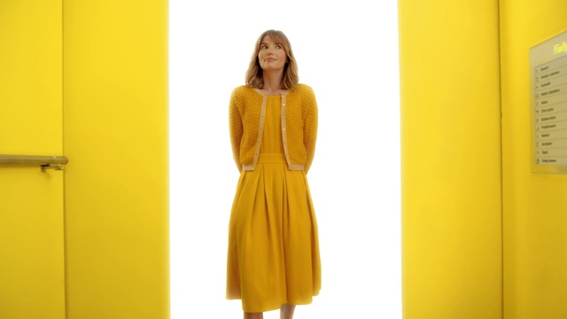 Video Reference N2: Clothing, Yellow, Dress, Orange, Neck, Fashion, Sleeve, Outerwear, Day dress, Fashion model