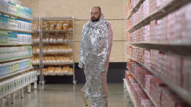 Video Reference N0: man, supermarket, beard, glasses, foil, crazy, Person