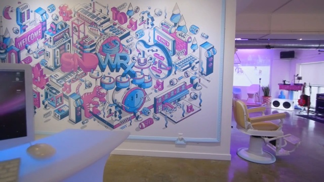 Video Reference N4: purple, pink, art, wall, interior design, exhibition, mural, design, modern art, graffiti, Person
