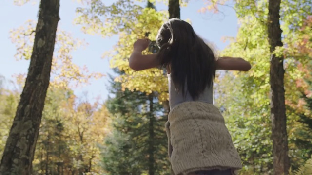Video Reference N2: tree, woody plant, leaf, forest, girl, sunlight, autumn, woodland, branch, grass, Person