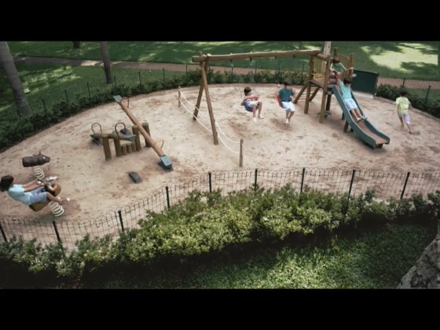 Video Reference N0: outdoor play equipment, public space, playground, recreation, leisure, park, swing, backyard, yard, grass