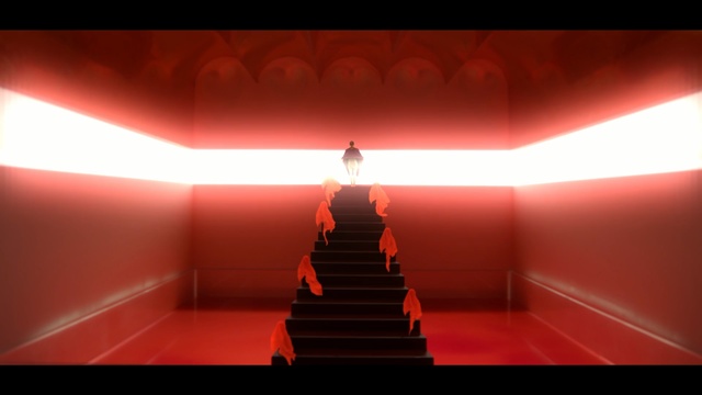 Video Reference N3: Red, Light, Orange, Lighting, Symmetry, Photography, Room, Architecture, Magenta, Stairs, Person
