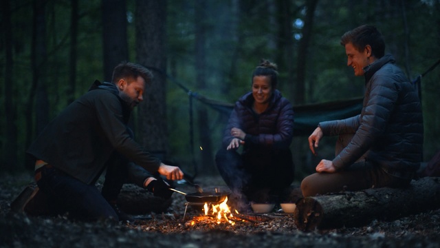 Video Reference N2: campfire, fire, wilderness, forest, darkness, bonfire, night, screenshot, tree, recreation, Person