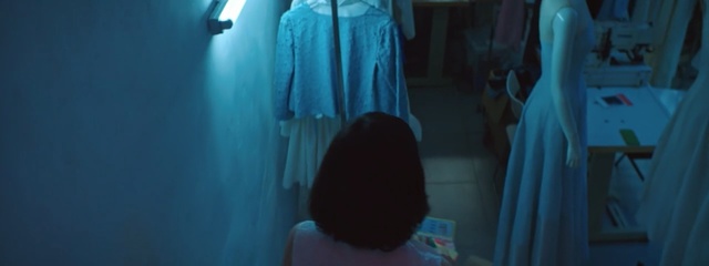 Video Reference N2: blue, room, light, snapshot, girl, darkness, dress, scene, midnight, Person