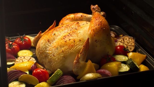 Video Reference N1: roasting, hendl, dish, food, vegetable, thanksgiving dinner, garnish, chicken meat, turkey meat, animal source foods