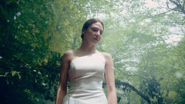 Video Reference N2: Face, Wedding dress, Shoulder, Dress, People in nature, Flash photography, Human body, Plant, Tree, Bridal clothing
