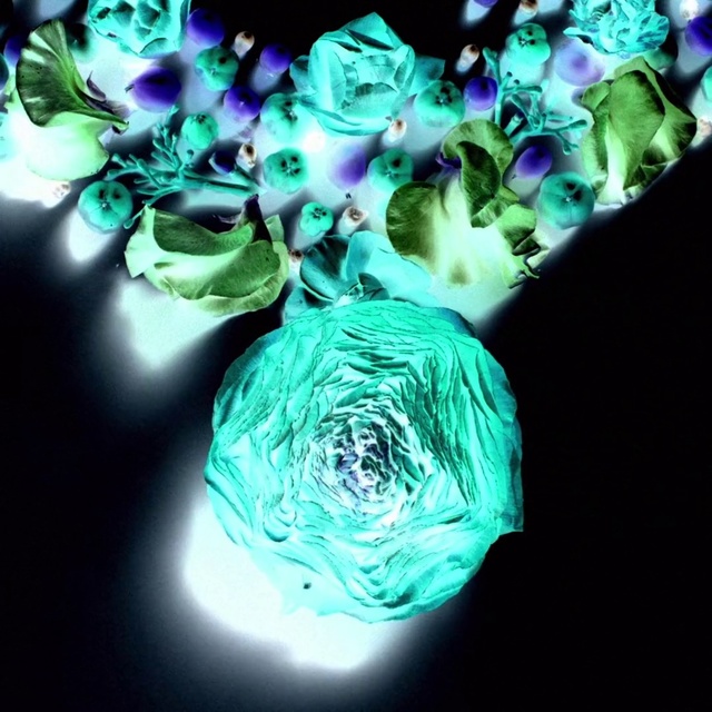 Video Reference N2: Blue, Aqua, Green, Turquoise, Cobalt blue, Lighting, Flower, Purple, Teal, Leaf, Vase, Bottle, Dark, Table, Sitting, Looking, Black, Colorful, Close, Glass, Holding, White, Painting, Art, Abstract, Rose