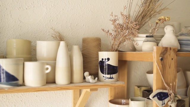 Video Reference N22: furniture, ceramic, shelf, interior design, table, vase, flowerpot, porcelain