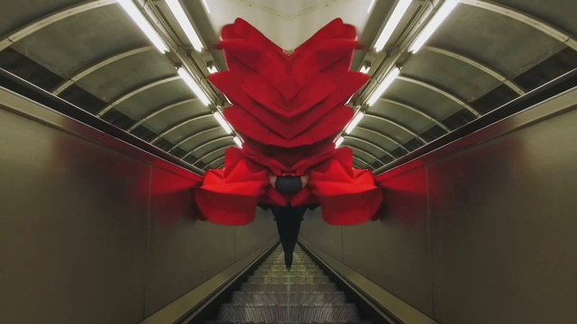 Video Reference N6: Red, Symmetry, Architecture, Design, Escalator, Ceiling, Interior design, Plant, Pattern, Fictional character