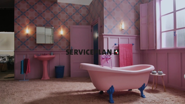 Video Reference N1: Bathroom, Room, Tile, Property, Interior design, Floor, Pink, Purple, Bathtub, Wall