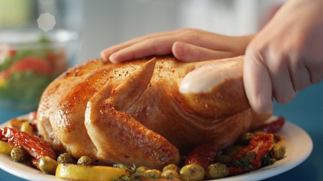 Video Reference N4: dish, roasting, food, german food, turkey meat, thanksgiving dinner, hendl, meat, animal source foods, fried food