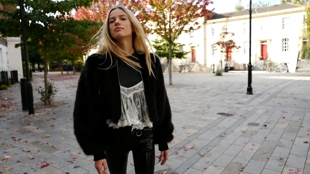Video Reference N3: road, snapshot, street, outerwear, jeans, jacket, fashion, girl, long hair, pattern, Person