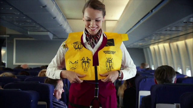 Video Reference N1: Yellow, Lifejacket, Flight attendant, Aerospace engineering, Airline, Air travel, Passenger, Uniform, Travel, Person