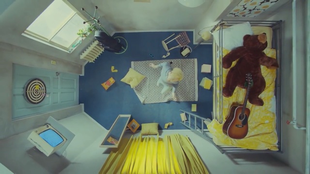 Video Reference N3: blue, room, yellow, ceiling, wall, interior design, home, house, art, mural, Person