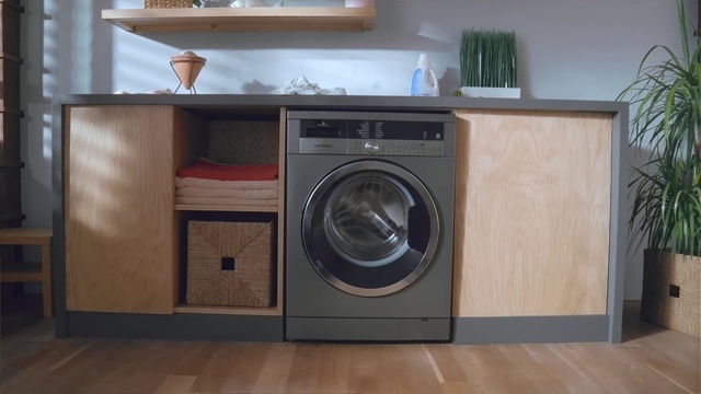 Video Reference N1: Washing machine, Major appliance, Laundry room, Home appliance, Laundry, Room, Cabinetry, Clothes dryer, Property, Furniture