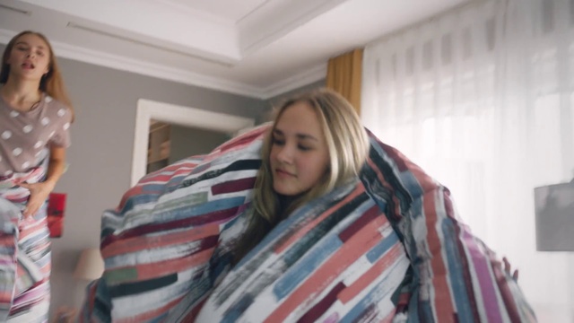 Video Reference N1: Hair, Room, Textile, Blond, Fun, Linens, Mouth, Bedroom, Furniture, Long hair