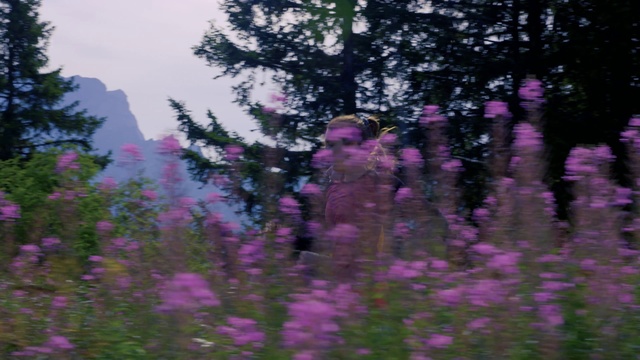 Video Reference N3: Lavender, Nature, Purple, Flower, Plant, Tree, Pink, Spring, Wildflower, Forest, Outdoor, Man, Riding, Skiing, Jumping, People, Air, Wearing, Flying, Woman, Young, Stop, Green, Red, Large, Slope, Hill, Snow, Group, Tall, Standing, Sign, Field, Wooded