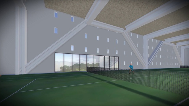 Video Reference N9: Sport venue, Tennis court, Architecture, Grass, Room, Line, Stadium, Net, Real tennis, Ball game