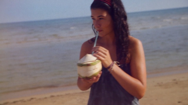 Video Reference N0: Vacation, Summer, Beach, Drink, Coconut water, Dairy, Dessert, Sea, Food, Smile