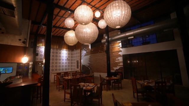 Video Reference N6: Restaurant, Lighting, Building, Interior design, Room, Architecture, Ceiling, Table, Furniture