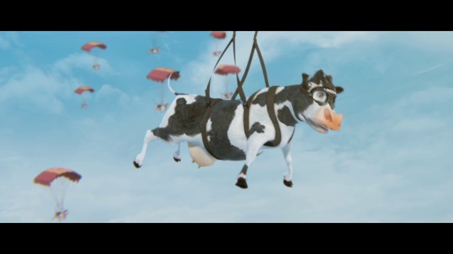 Video Reference N1: Animation, Organism, Animated cartoon, Cartoon, Parachute, Dairy cow, Wind, Screenshot, Media