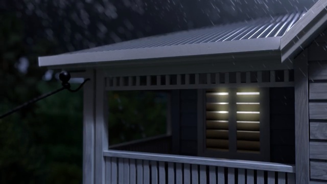 Video Reference N8: Roof, Lighting, Property, Shed, Home, House, Siding, Architecture, Security lighting, Window, Person