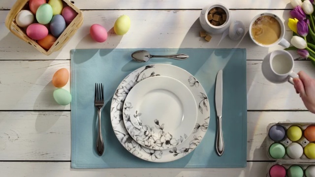 Video Reference N4: Dishware, Plate, Porcelain, Saucer, Placemat, Tableware, Cutlery, Tablecloth, Platter, Breakfast
