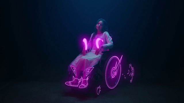 Video Reference N0: Wheelchair, Purple, Light, Pink, Neon, Disabled sports, Vehicle, Performance, Magenta, Performance art