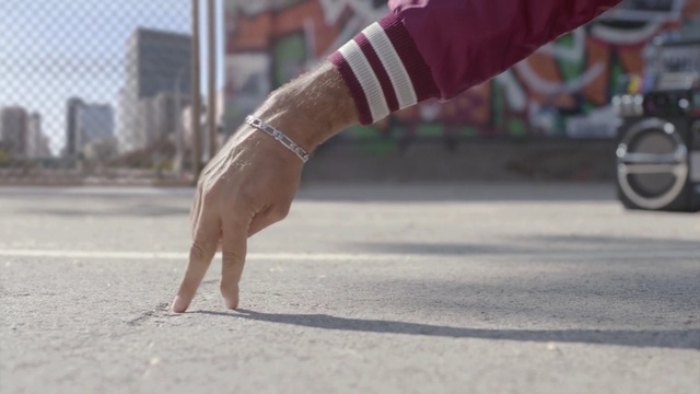 Video Reference N3: footwear, road, leg, shoe, hand, asphalt, street, dog like mammal, human leg, Person