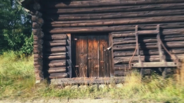 Video Reference N0: log cabin, shack, property, hut, shed, house, home, rural area, wood, farmhouse