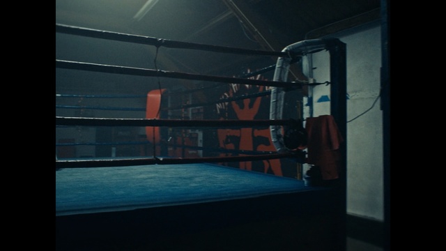 Video Reference N0: blue, boxing ring, structure, room, sport venue, light, boxing equipment, darkness, boxing