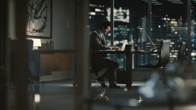 Video Reference N2: Table, Glass, City, Darkness, Suit, Sitting, White-collar worker, Room, Street, Desk