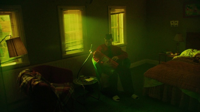 Video Reference N3: Window, Musical instrument, Guitar, Chair, Couch, Wood, Plant, Tints and shades, Window blind, Curtain