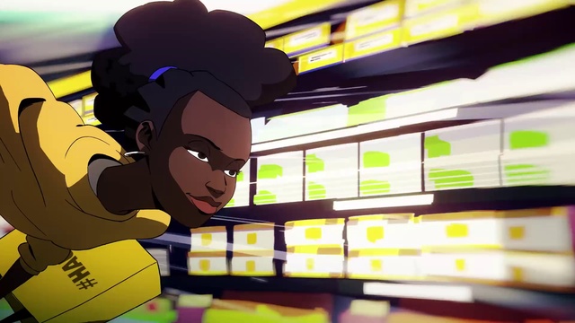 Video Reference N3: Gesture, Yellow, Happy, Cartoon, Font, Tints and shades, Publication, Shelf, Fun, Shelving