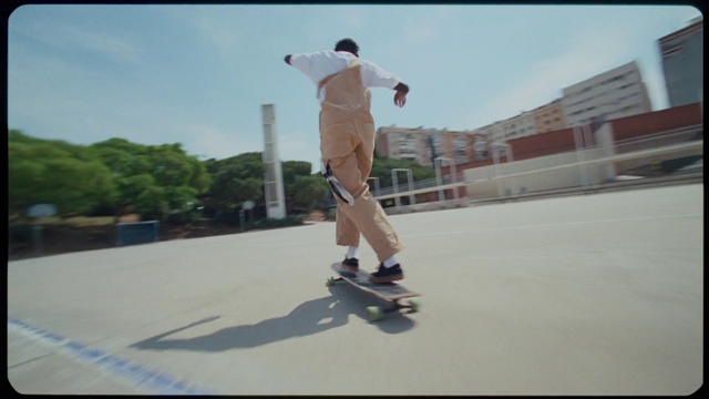 Video Reference N22: Sky, Skateboard deck, Sports equipment, Skateboarder, Asphalt, Skateboard truck, Tree, Skateboard, Rolling, Cloud