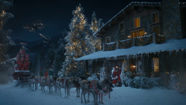 Video Reference N3: Snow, Christmas tree, Plant, Building, Window, Freezing, House, Christmas decoration, Tree, Midnight